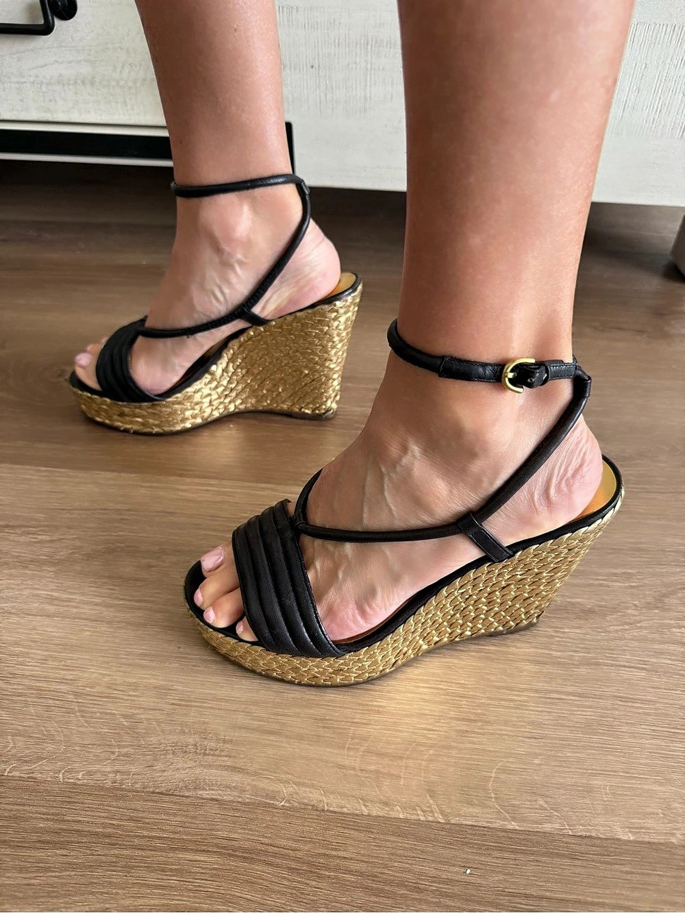 Coach Black & Gold Wedge Sandals